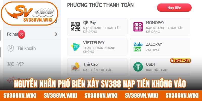 Nguyên nhân phổ biến xảy SV388 nạp tiền không vào 